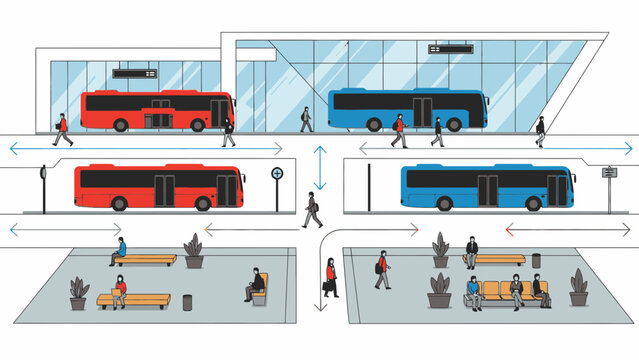 Urban Bus Station with Modern Buses and Pedestrians, Depicting Public Transportation.