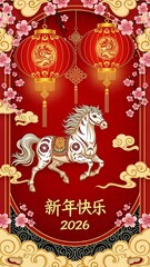 White Horse Lanterns and Cherry Blossoms Chinese New Year