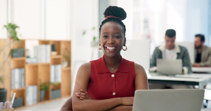 Face, smile and business woman in workplace as event planner, laugh and arms folded. Portrait, funny professional and confident person in office as venue organizer, about us and coordinator coworking