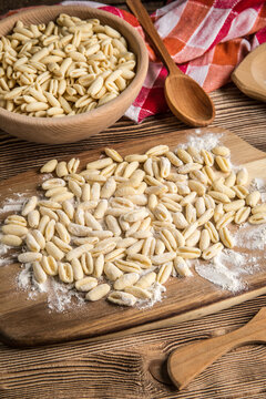 Fresh uncooked cavatelli pasta.