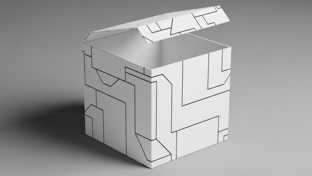 Modern open white gift box with sleek geometric circuit pattern design on neutral background