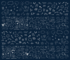 Fototapeta premium Set of Hand drawn pen line doodle element vector. Hand drawn doodle style collection of heart, arrows, scribble, speech bubble, star, snail, fish. Design for print, cartoon, card, decoration, sticker.