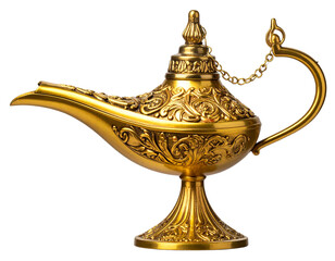 Fototapeta premium Mystical Arabian Genie Lamp with Golden Shine Transparent Background.