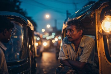 Auto rickshaw driver leaning on his vehicle, chatting with friends at dusk, glowing streetlights  in. India in a tourist town. Economy based on tourism in Asia, travel photography style.