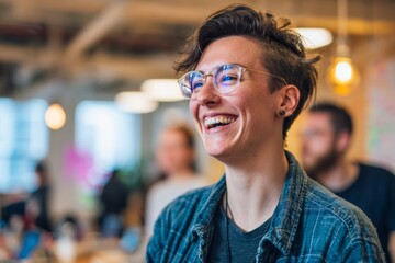 Diverse Tech non binary employee in office or coworking space wearing casual clothes, laughing with colleagues, candid moment. Equity, inclusion  and diversity values at workplace.