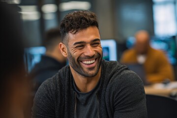 Diverse hispanic tech male worker in open space office or coworking space wearing casual clothes, laughing with colleagues, candid collaboration moment