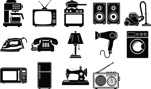 Essential kitchen and living area appliances presented as minimalist silhouette icons for home design