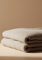 Folded beige blanket close up soft texture warm neutral tones studio shot