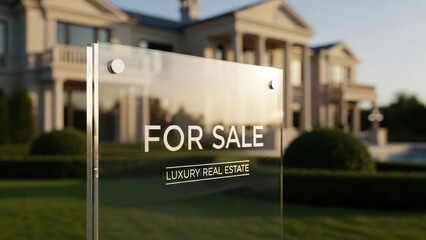 For sale sign in front of a luxurious house. Investment in high-end property and real estate market concept for luxury lifestyle.