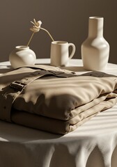 Folded beige trench coat on a table with vases and a cup neutral background