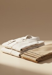 Folded clothing garments in neutral tones arranged on a textured surface