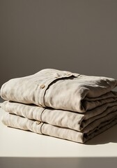Folded linen shirts on a white surface with soft sunlight and shadows