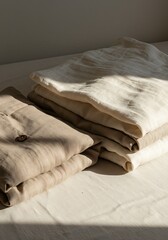 Folded linen textiles in neutral tones with soft shadows and copy space