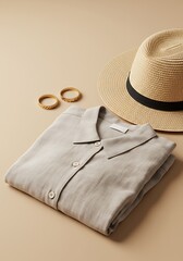 Folded linen shirt with accessories and straw hat on beige surface