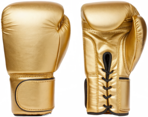 Two gleaming, metallic gold boxing gloves, crafted from synthetic leather with a subtle sheen and padded interior, are presented side-by-side against a, isolated on transparent background.