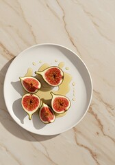 Fresh fig halves on a white plate with liquid honey and marble surface