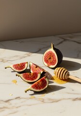 Fresh figs and honey dipper on marble surface with dramatic lighting