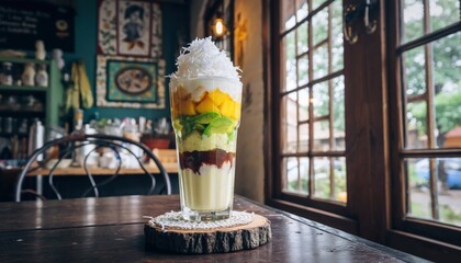 Colorful multi layered dessert on a rustic wooden table