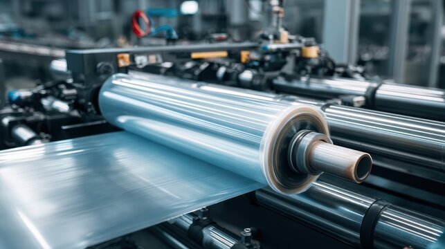Industrial production line for manufacturing transparent plastic film rolls in a modern factory setting