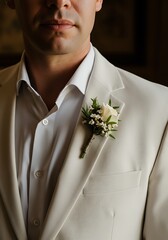 Man in formal attire with boutonniere focus on chest and lapel portrait style