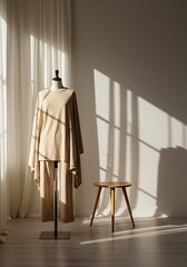 Mannequin displaying beige clothing with sunlight and shadows indoors