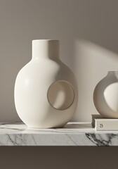 Minimalist ceramic vases on a marble surface with natural sunlight and shadows