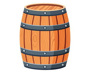 A wooden barrel with metal bands isolated on a white background