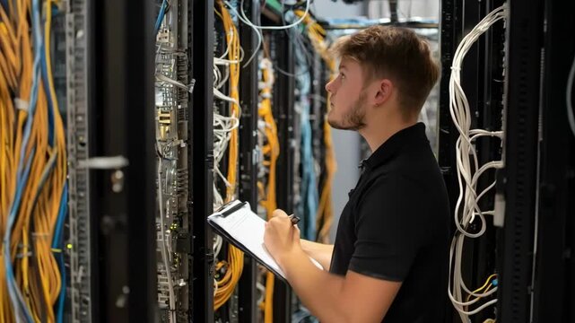 IT specialist tightens security protocols on campus WiFi systems ensuring encrypted connections and protecting user data from unauthorized access.