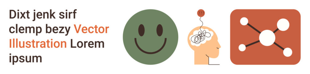 Mental health, emotional wellbeing, neural connections, positive mindset, psychology, brain function. Green happy face, human head with neural illustration network icon. Mental health and emotional