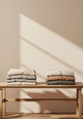 Neatly stacked clothing on wooden bench against a neutral wall backdrop