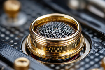 Close-up view of a microphone component highlighting intricate design and craftsmanship