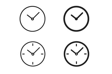 Collection of four minimalist clock icons with different styles and hand positions