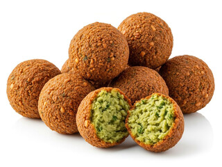 Delicious falafel balls with one cut open to show green interior