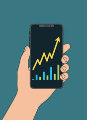 Vector illustration of a hand holding a smartphone displaying a rising stock market line graph and bar chart on the screen. Concept of financial growth and mobile trading