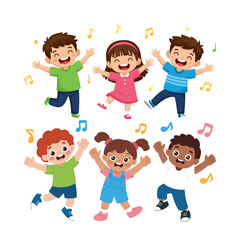 A lively illustration of happy children dancing and having fun with colorful music notes, conveying a sense of joy and playfulness.