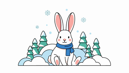 White rabbit with pink ears and blue scarf sitting on a snowy hill with coniferous trees in the background