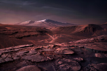 Vast Martian Panorama with Distant Snow-Covered Mountains
