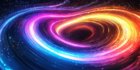 abstract digital art of colorful rainbow spiral vortex swirling with glowing particles and starry dots on deep black cosmic space background