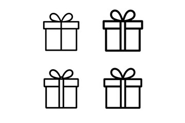 Set of four simple line art gift box icons with bows on a white background