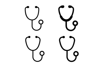 Collection of four black stethoscope icons on a white background, representing medical care