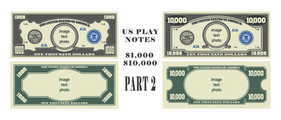 Vector set of large denomination US 1000 and 10000 dollars banknotes. Sample and template. Obverse and reverse sides of bills. Blank circle. Inscription - image, text, photo. Part 2