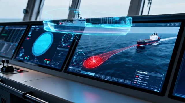 Close medium shot of advanced monitoring screens on a ship emphasizing realtime data processing and AIenhanced collision avoidance in autonomous navigation.