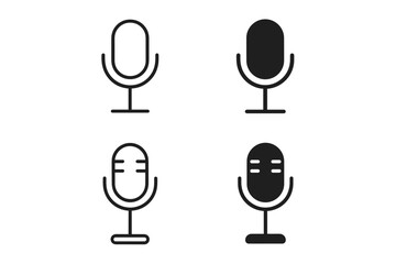 Set of four microphone icons in outline and solid styles for audio recording and broadcasting