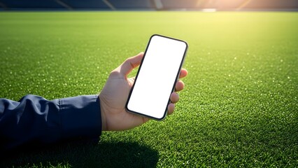 Human hand holding a modern smartphone in a natural green environment