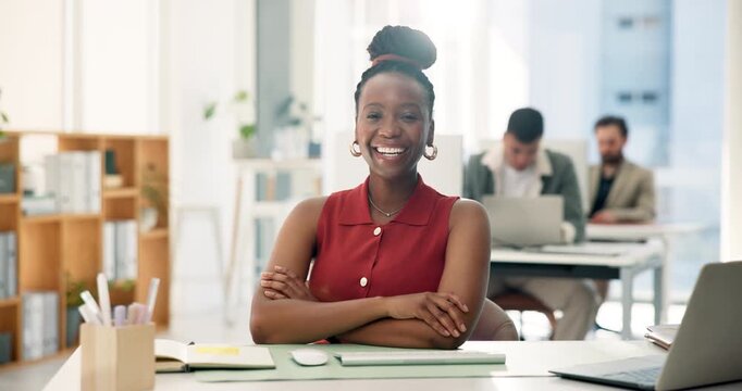 Face, smile and business woman in company as event planner, laugh and arms folded. Portrait, funny professional and confident person in office as venue organizer, about us and coordinator coworking