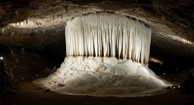 Massive White Cave Column Formation with Draping Stalactites Underground
