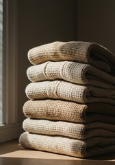 Stack of folded linen towels illuminated by soft daylight
