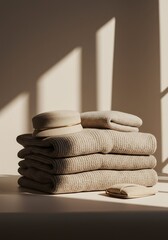 Stacked beige textile items under warm sunlight with shadows and copy space