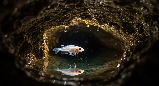 Albino Cave Fish Swimming in Dark Subterranean Grotto Water