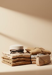 Stacked folded clothes with sunglasses and handbag in beige color